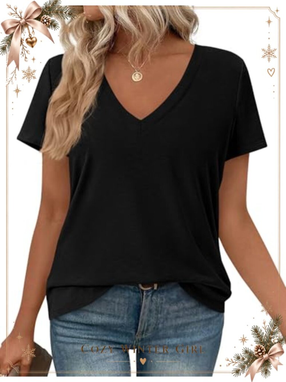 Womens Oversized V-Neck Short Sleeve T-Shirt Relaxed Fit Casual Top